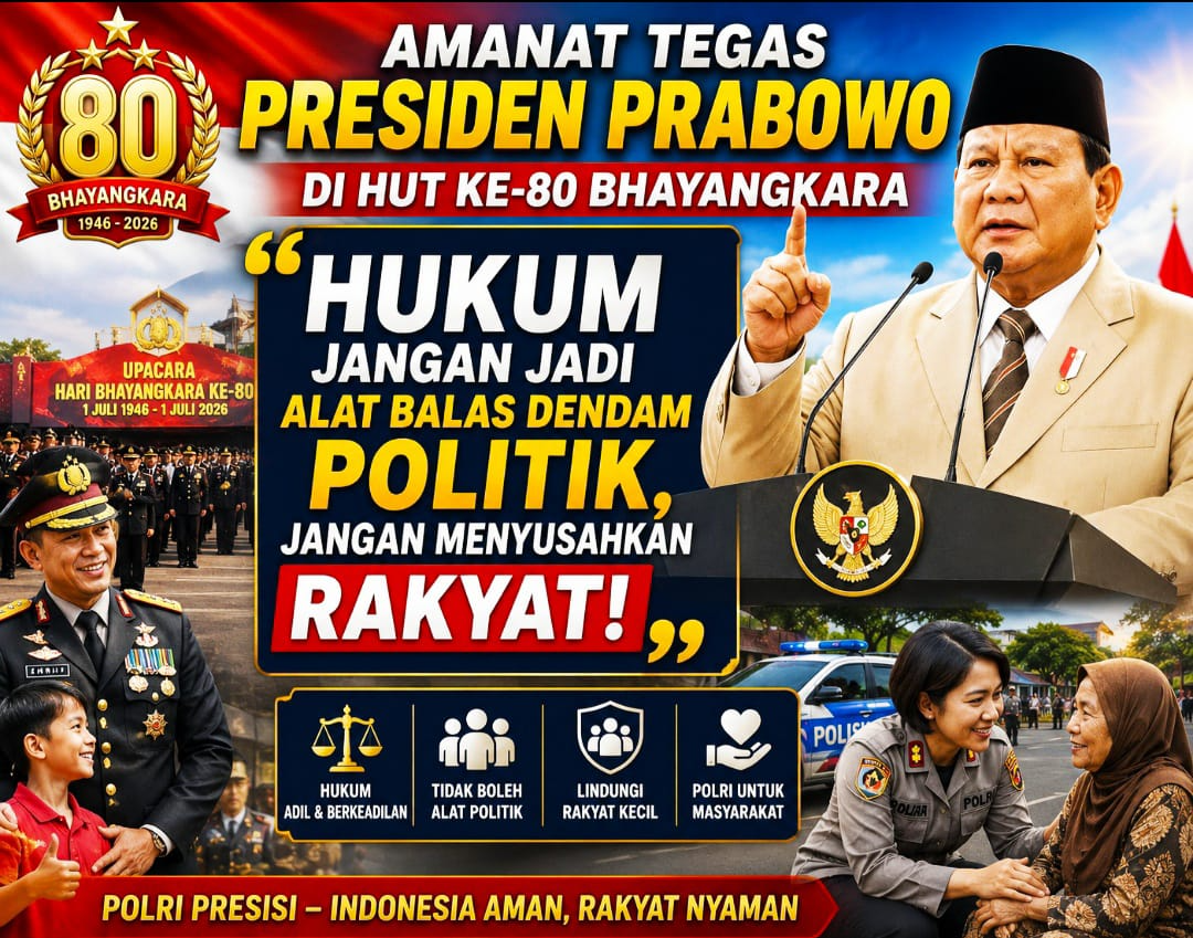 TEGAS PRESIDEN PRABOWO DI HUT KE-80 BHAYANGKARA: "Hukum Jangan Jadi Alat Balas Dendam Politik, Jangan Menyusahkan Rakyat!"
