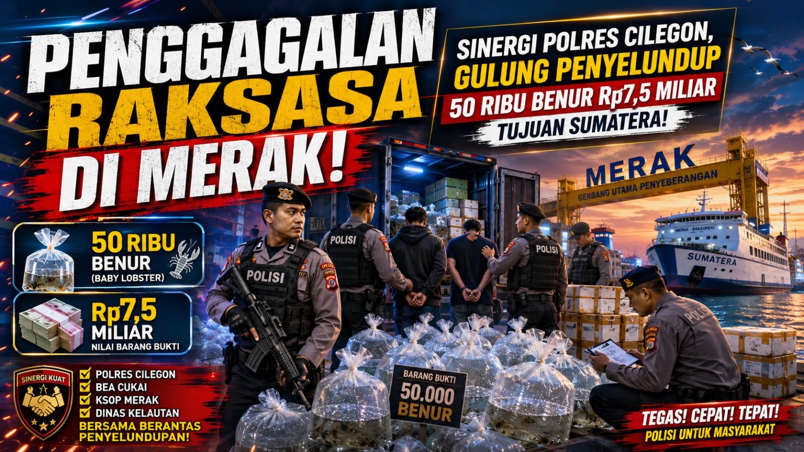 Sinergi Polres Cilegon Gulung Penyelundup 50 Ribu Benur Rp7,5 Miliar Tujuan Sumatera!