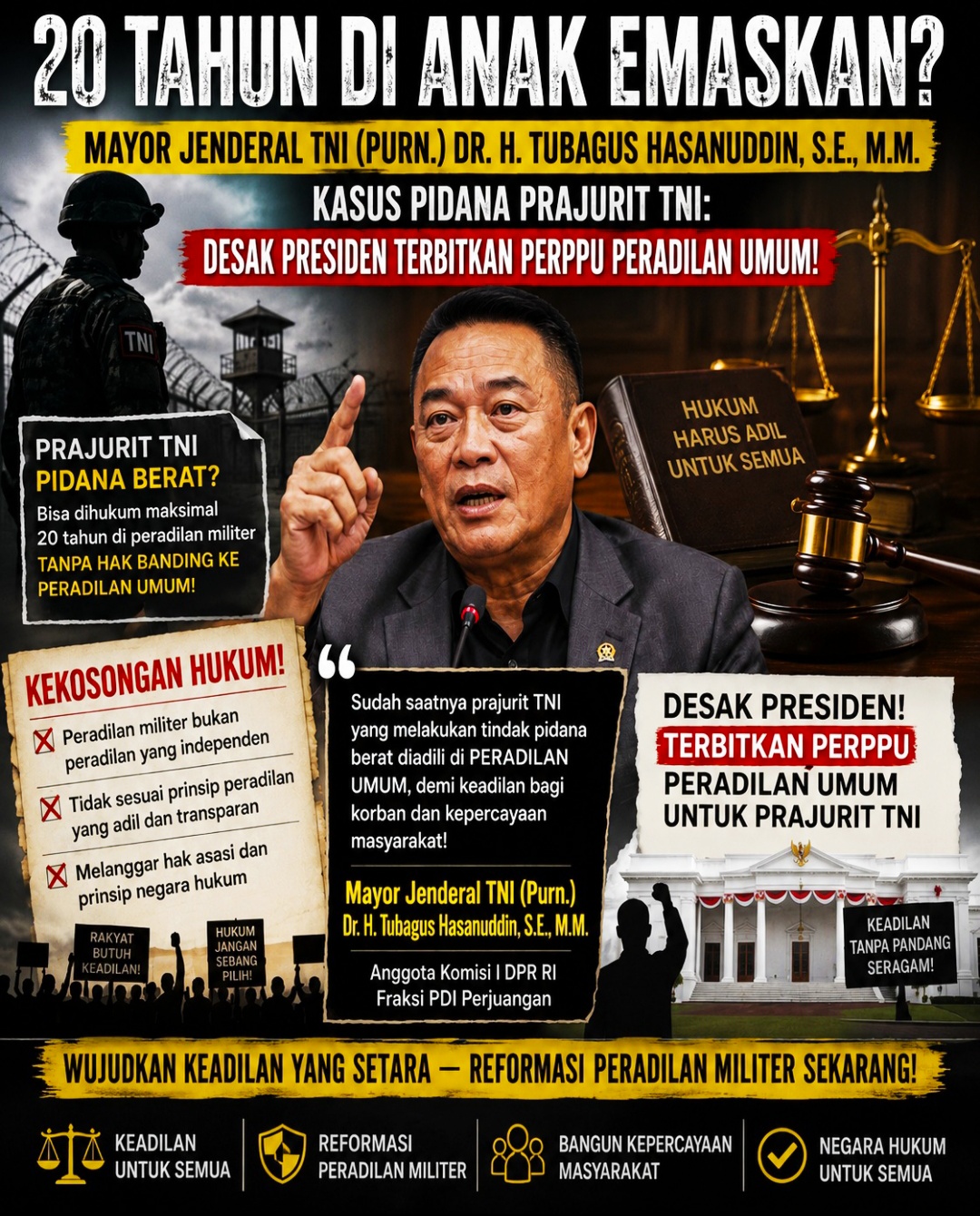 TB Hasanuddin Bongkar Kekosongan Hukum Kasus Pidana Prajurit TNI: Desak Presiden Terbitkan Perppu Peradilan Umum!