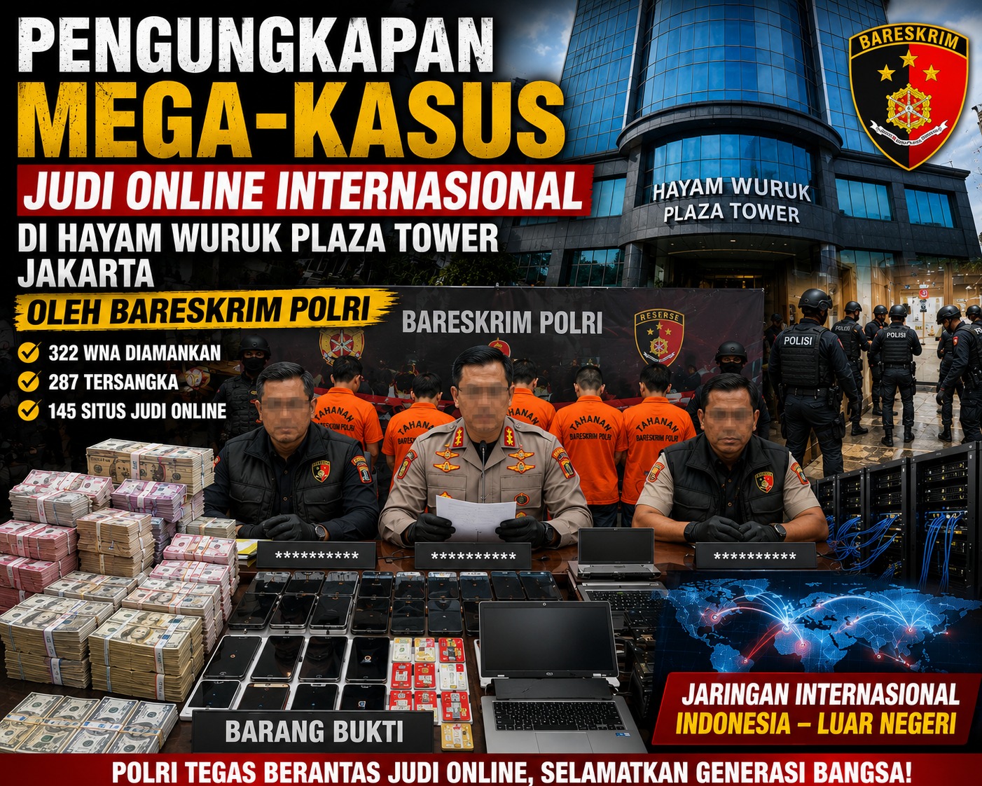 PENGUNGKAPAN MEGA-KASUS JUDI ONLINE INTERNASIONAL   DI HAYAM WURUK PLAZA TOWER OLEH BARESKRIM POLRI