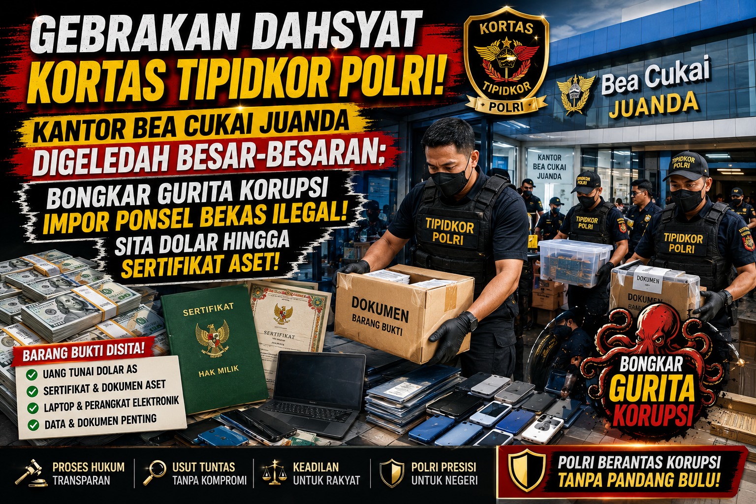 KORTAS TIPIDKOR POLRI! Kantor Bea Cukai Juanda Digeledah Besar-besaran: Bongkar Gurita Korupsi Impor Ponsel Bekas Ilegal, Sita Dolar hingga Sertifikat Aset!