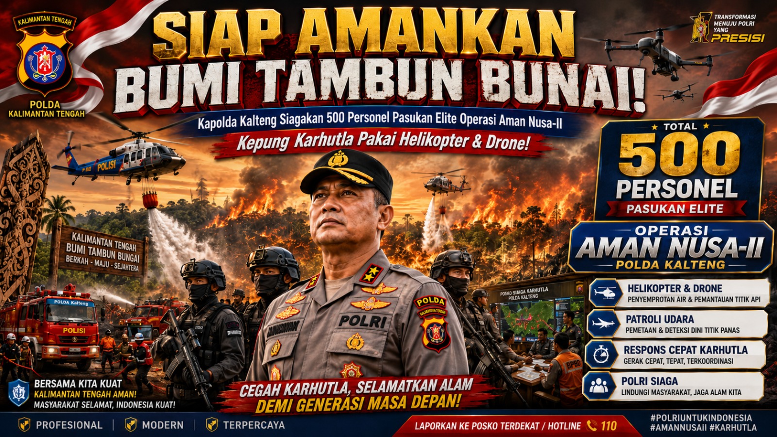 Kapolda Kalteng Siagakan 500 Personel Pasukan Elite Operasi Aman Nusa-II: Kepung Karhutla Pakai Helikopter & Drone!