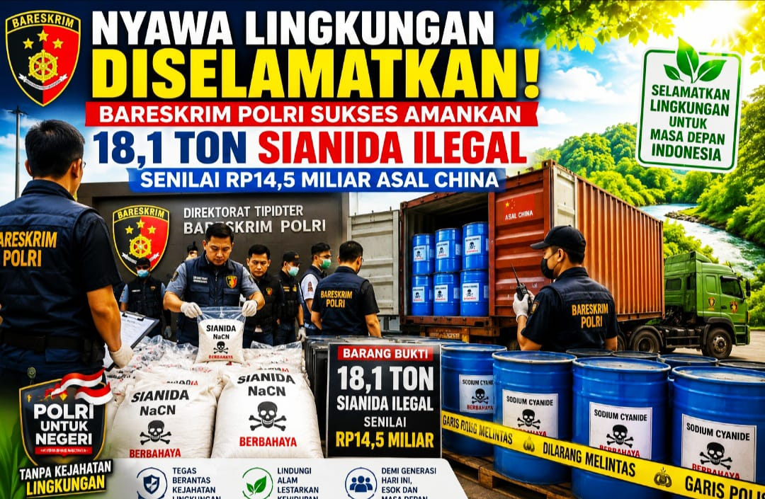 Bareskrim Polri Sukses Amankan 18,1 Ton Sianida Ilegal Senilai Rp14,5 Miliar Asal China
