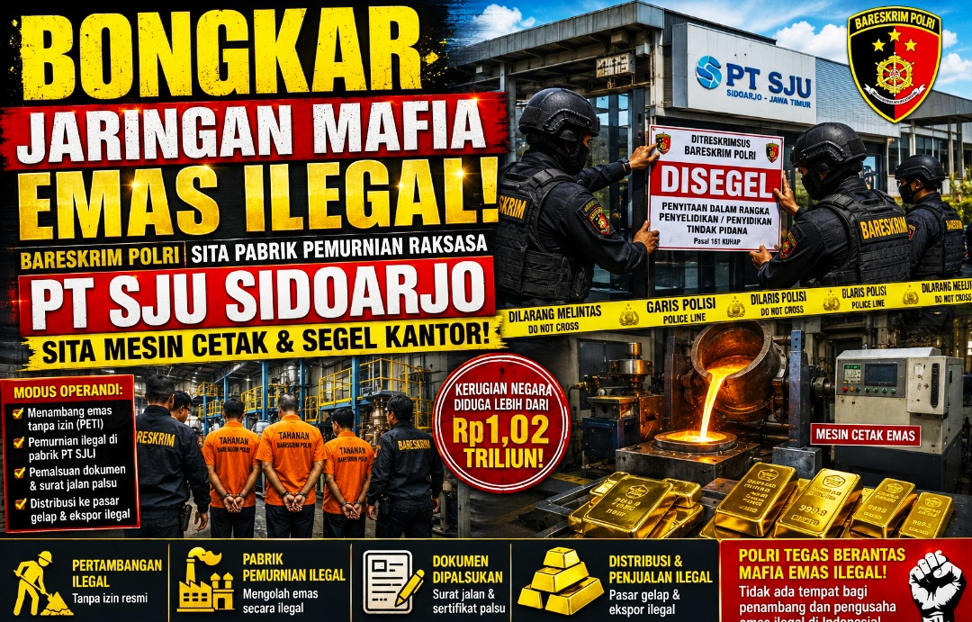Bareskrim Polri Sita Pabrik Pemurnian Raksasa PT SJU Sidoarjo, Sita Mesin Cetak & Segel Kantor!