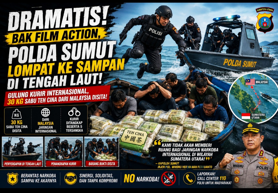 POLDA SUMUT LOMPAT KE SAMPAN DI TENGAH LAUT: Gulung Kurir Internasional, 30 Kg Sabu Teh Cina dari Malaysia Disita!