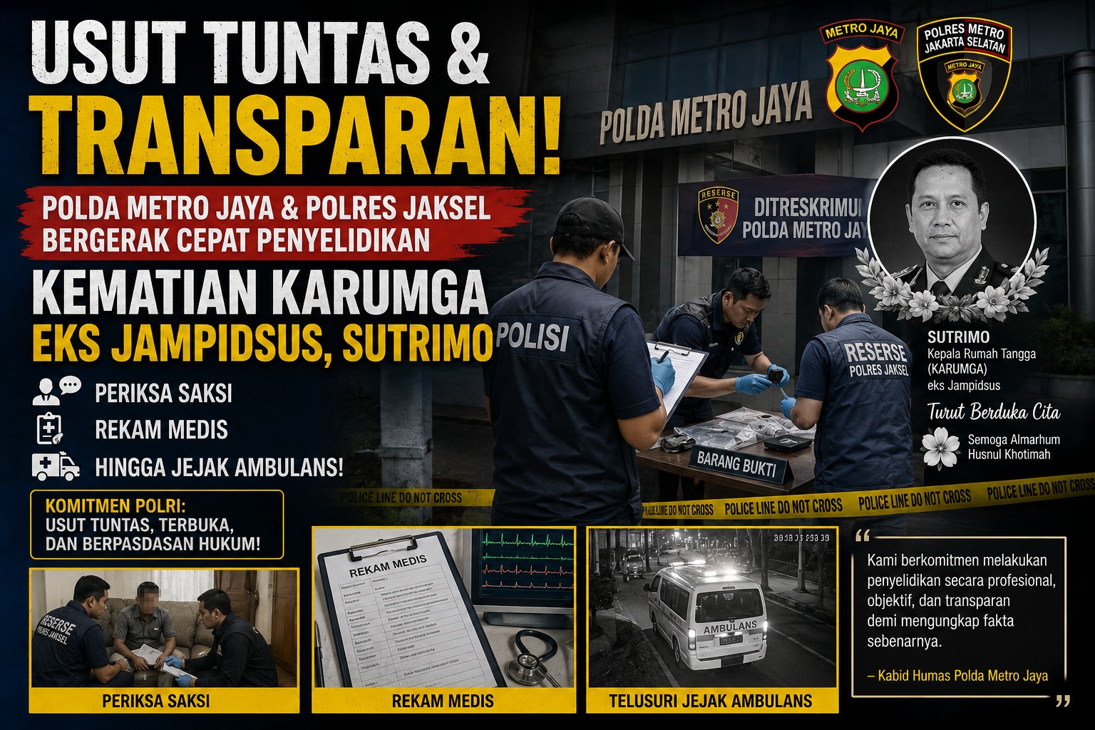 Polda Metro Jaya & Polres Jaksel Bergerak Cepat Penyelidikan Kematian Sutrimo