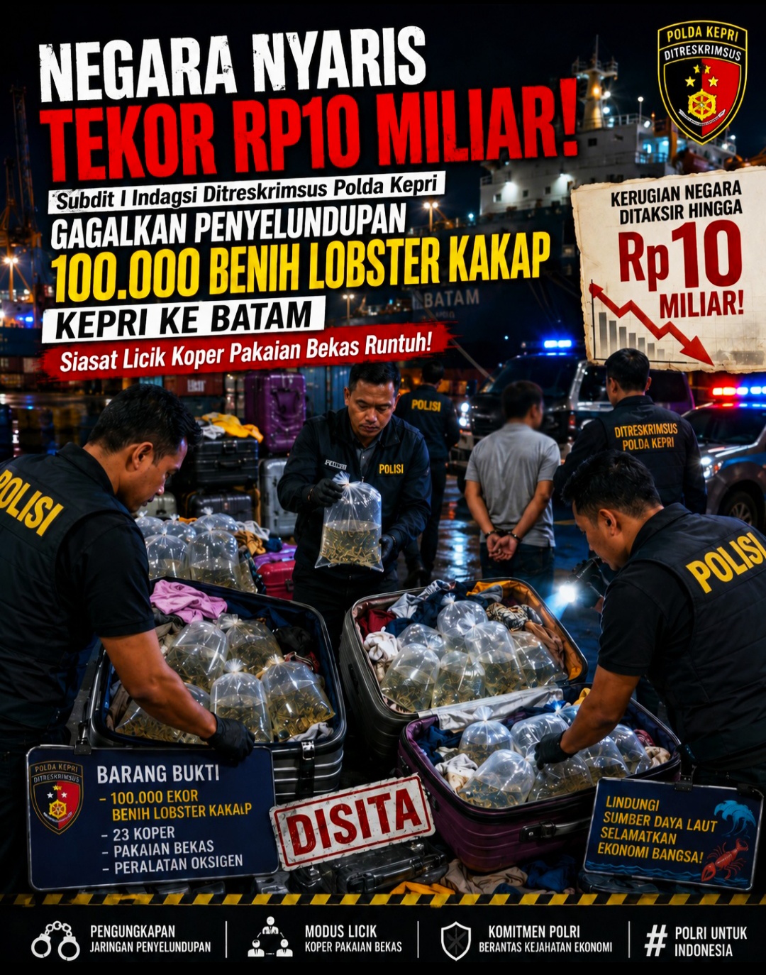 Subdit I Indagsi Ditreskrimsus Polda Kepri Gagalkan Penyelundupan 100.000 Benih Lobster Kakap di KEPRI - Batam