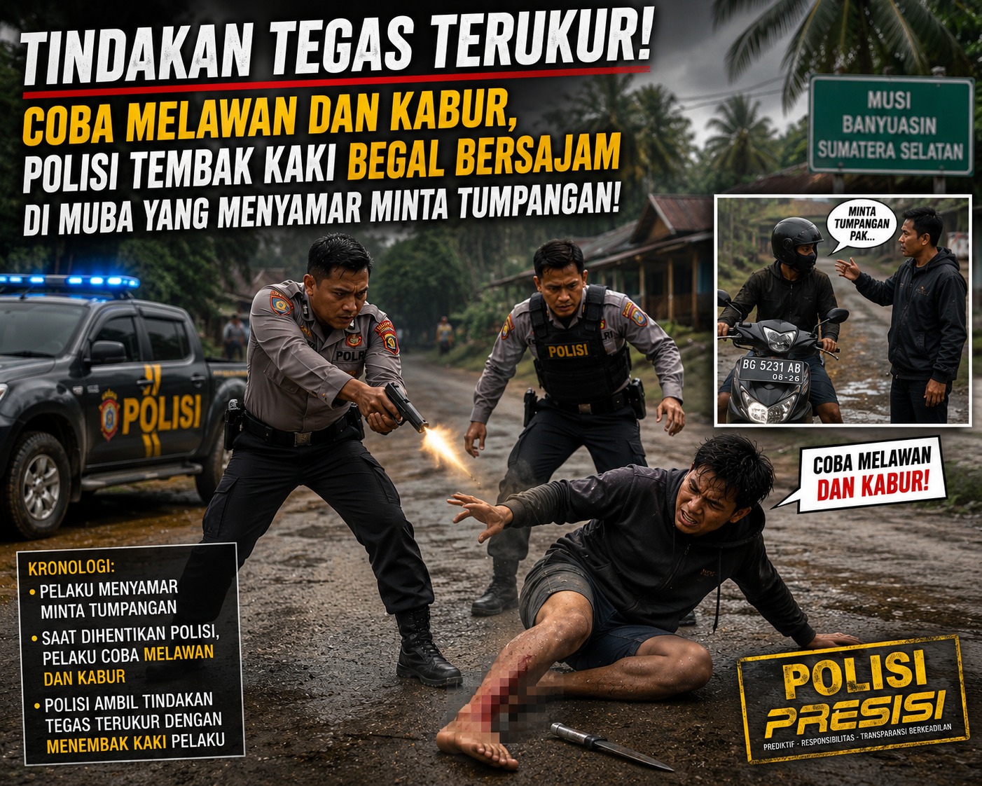 Coba Melawan dan Kabur, Polisi Tembak Kaki Begal Bersajam di Muba . Modus : Menyamar Minta Tumpangan!