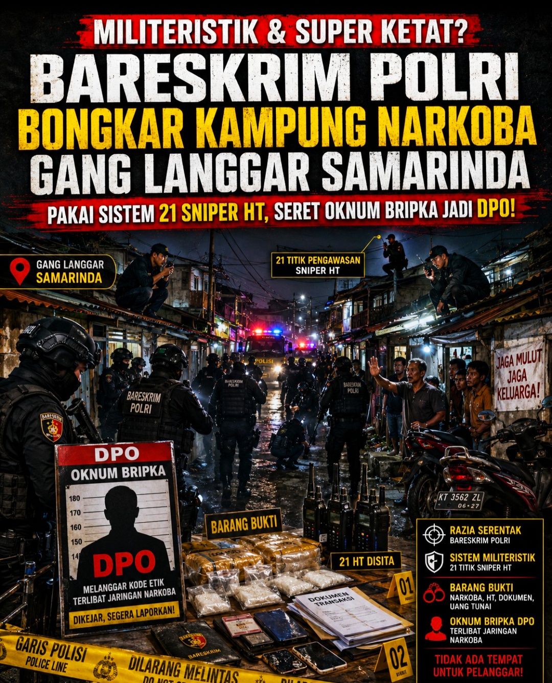 Bareskrim Polri Bongkar Kampung Narkoba Gang Langgar Samarinda: Pakai Sistem 21 Sniper HT, Seret Oknum Bripka Jadi DPO!