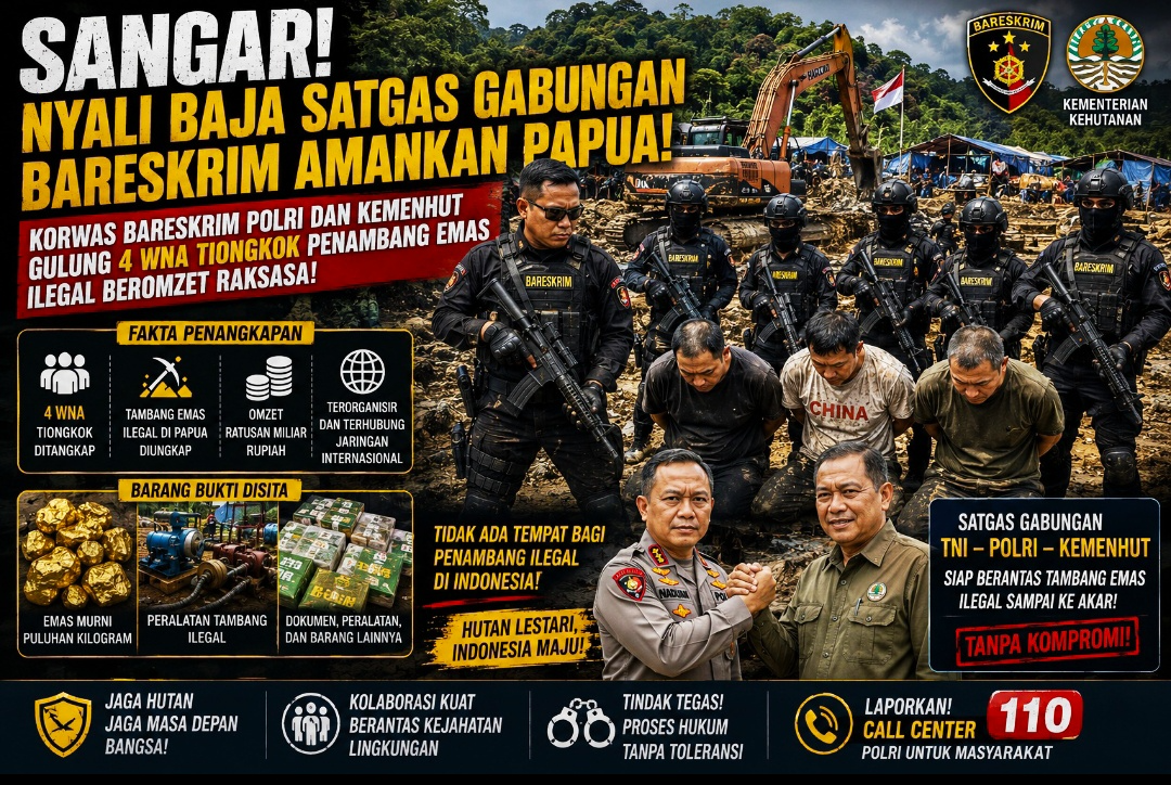 Bareskrim Polri dan Kemenhut Kepung Tambah Emas Nabire, 4 WNA Tiongkok Tak Berkutik Ditahan!