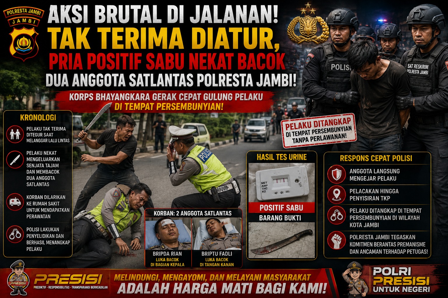 Tak Terima Diatur, Pria Positif Sabu Nekat Bacok Dua Anggota Satlantas Polresta Jambi