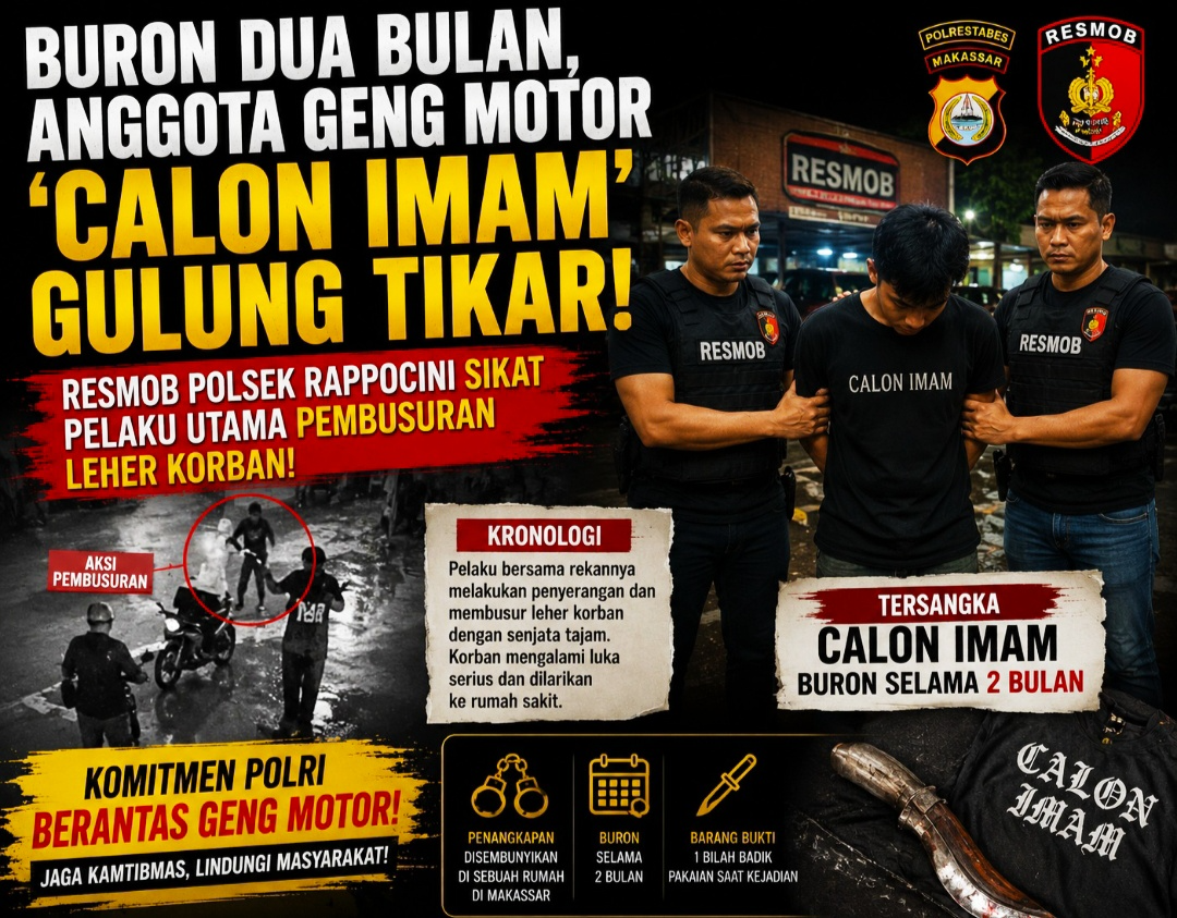 Geng Motor 'Calon Imam' Berakhir di Sel! Polsek Rappocini Tangkap Eksekutor Pembusuran Viral di Makassar.