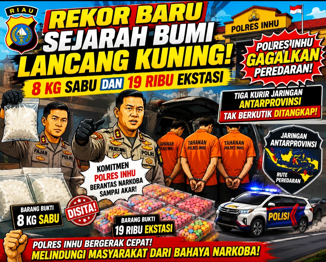 Polres Inhu Gagalkan Peredaran 8 Kg Sabu dan 19 Ribu Ekstasi, Tiga Kurir Jaringan Antarprovinsi Tak Berkutik Ditangkap!