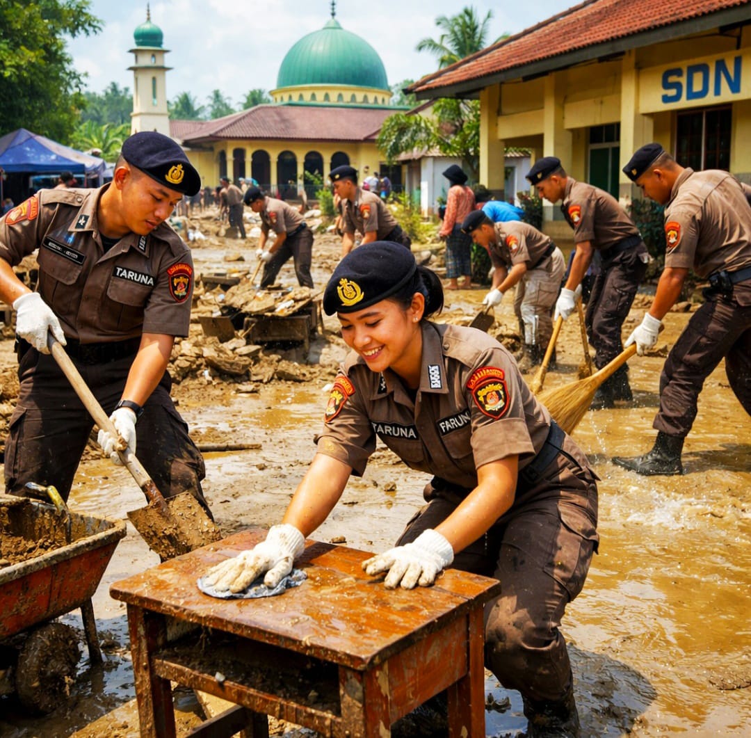 Taruna Akpol Turun Tangan Bersihkan Fasilitas Publik Pascabanjir di Aceh Tamiang