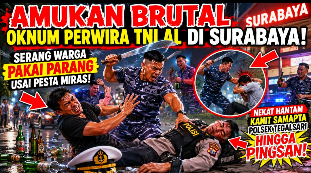 OKNUM PERWIRA TNI AL DI SURABAYA! Serang Warga Pakai Parang Usai Pesta Miras, Nekat Hantam Kanit Samapta Polsek Tegalsari