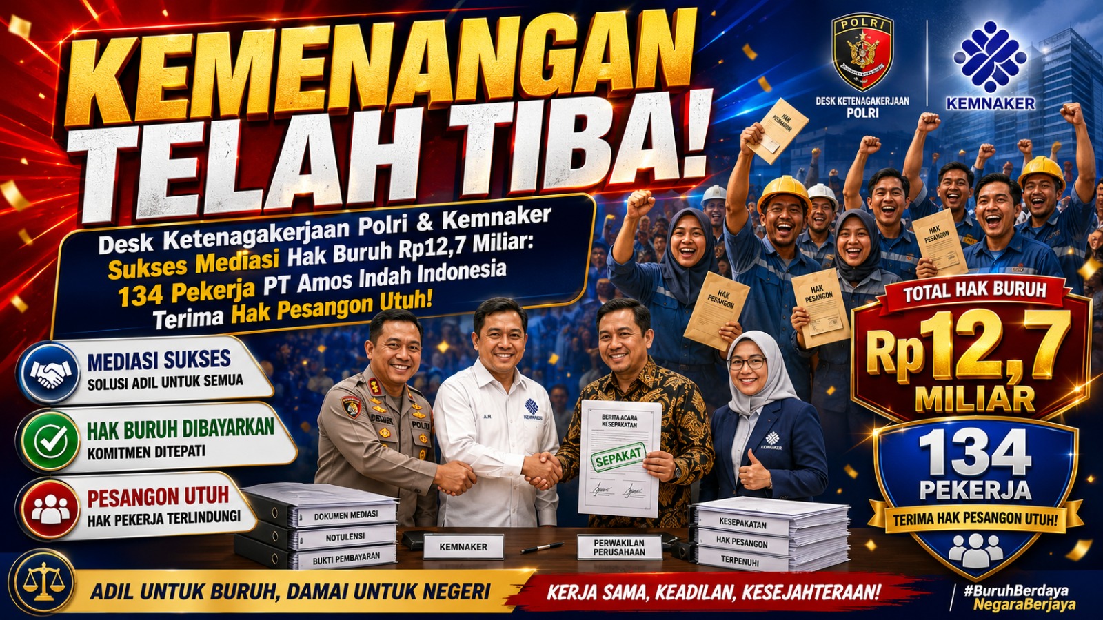 Desk Ketenagakerjaan Polri & Kemnaker Sukses Mediasi Hak Buruh Rp12,7 Miliar