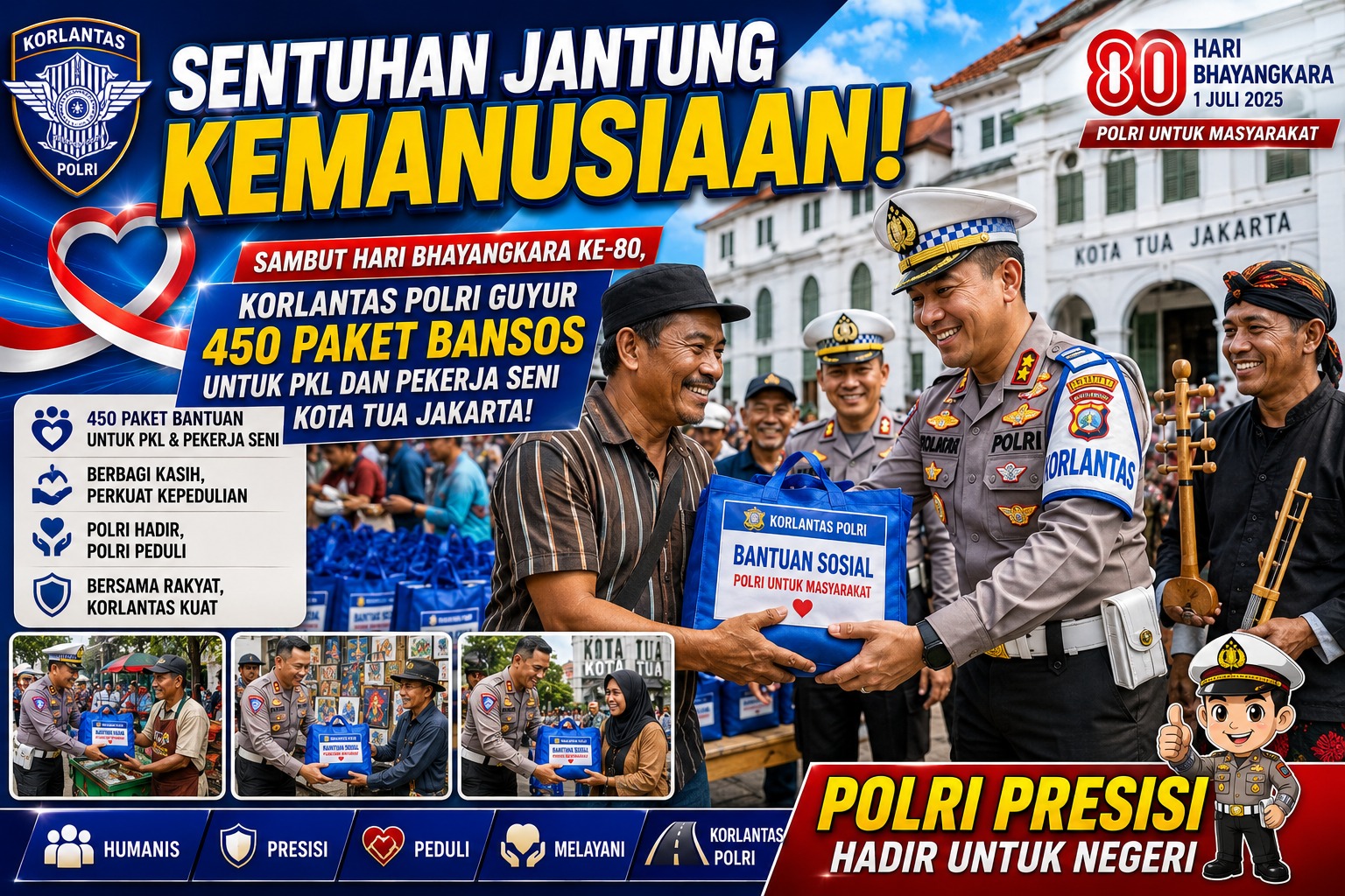 Sambut Hari Bhayangkara ke-80, Korlantas Polri Guyur 450 Paket Bansos untuk PKL dan Pekerja Seni Kota Tua Jakarta!