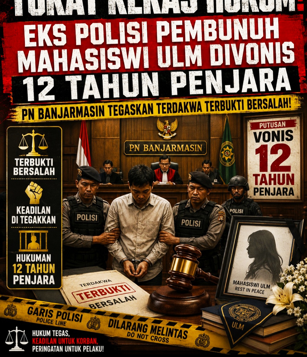 Eks Polisi Pembunuh Mahasiswi ULM Divonis 12 Tahun Penjara, PN Banjarmasin Tegaskan Terdakwa Terbukti Bersalah!