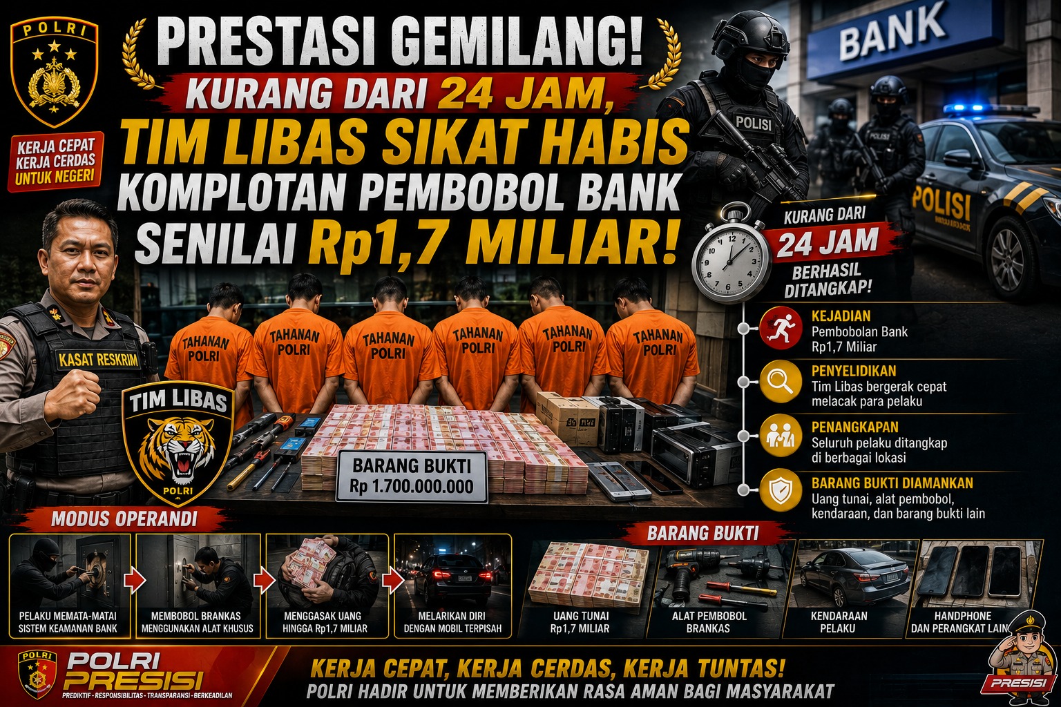 Kurang dari 24 Jam, Tim Libas Sikat Habis Komplotan Pembobol Bank Senilai Rp1,7 Miliar!