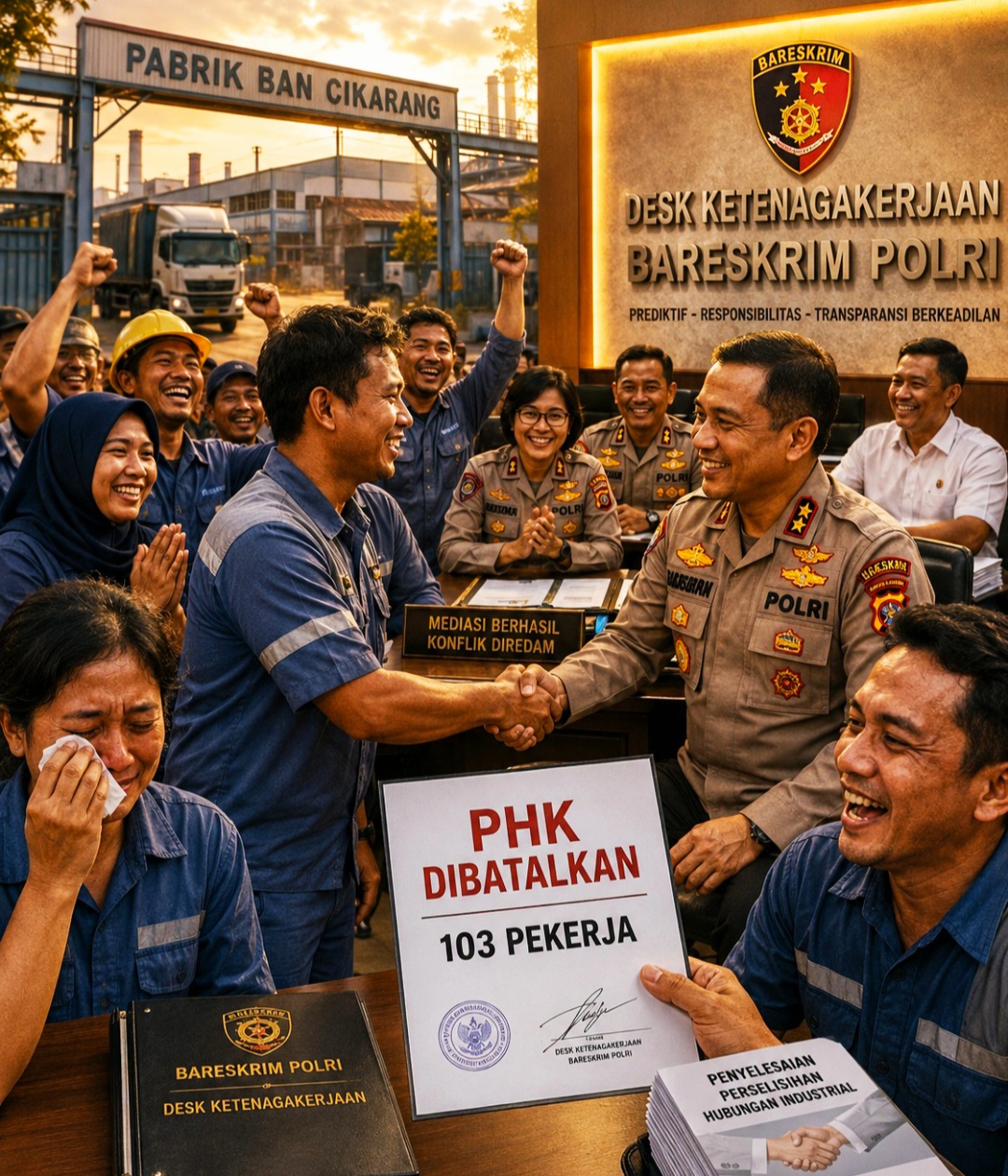 Desk Ketenagakerjaan Bareskrim Polri Batalkan PHK Sepihak 103 Pekerja Pabrik Ban Multistrada Cikarang, Konflik Besar Berhasil Diredam!