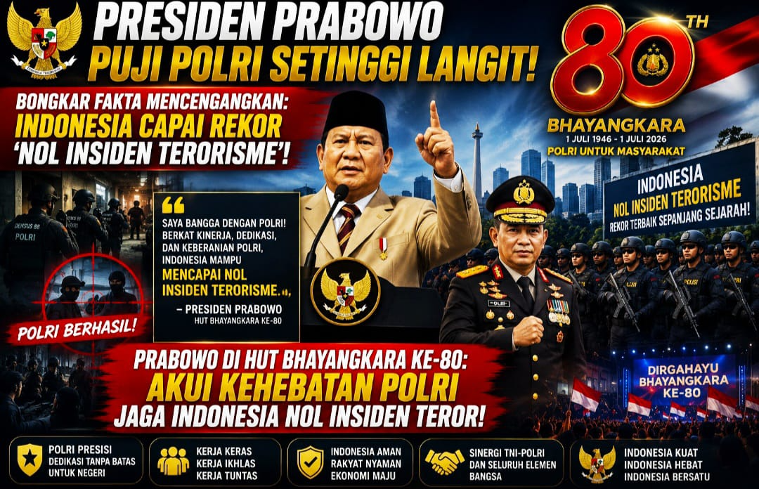 Prabowo di HUT Bhayangkara ke-80: Akui Kehebatan Polri Jaga Indonesia Nol Insiden Teror!